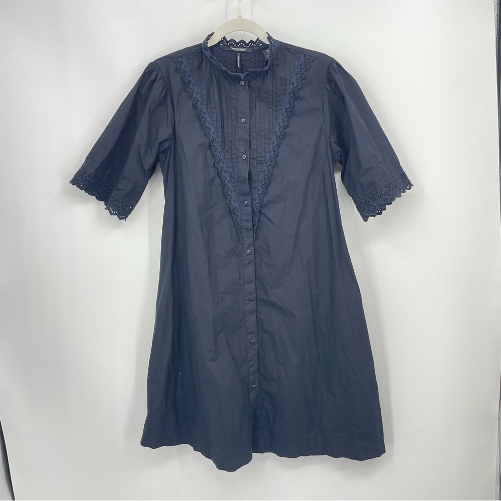 SCOTCH & SODA‎ Black Blue Eyelet Dress Midi Button-Up Sz S short sleeve